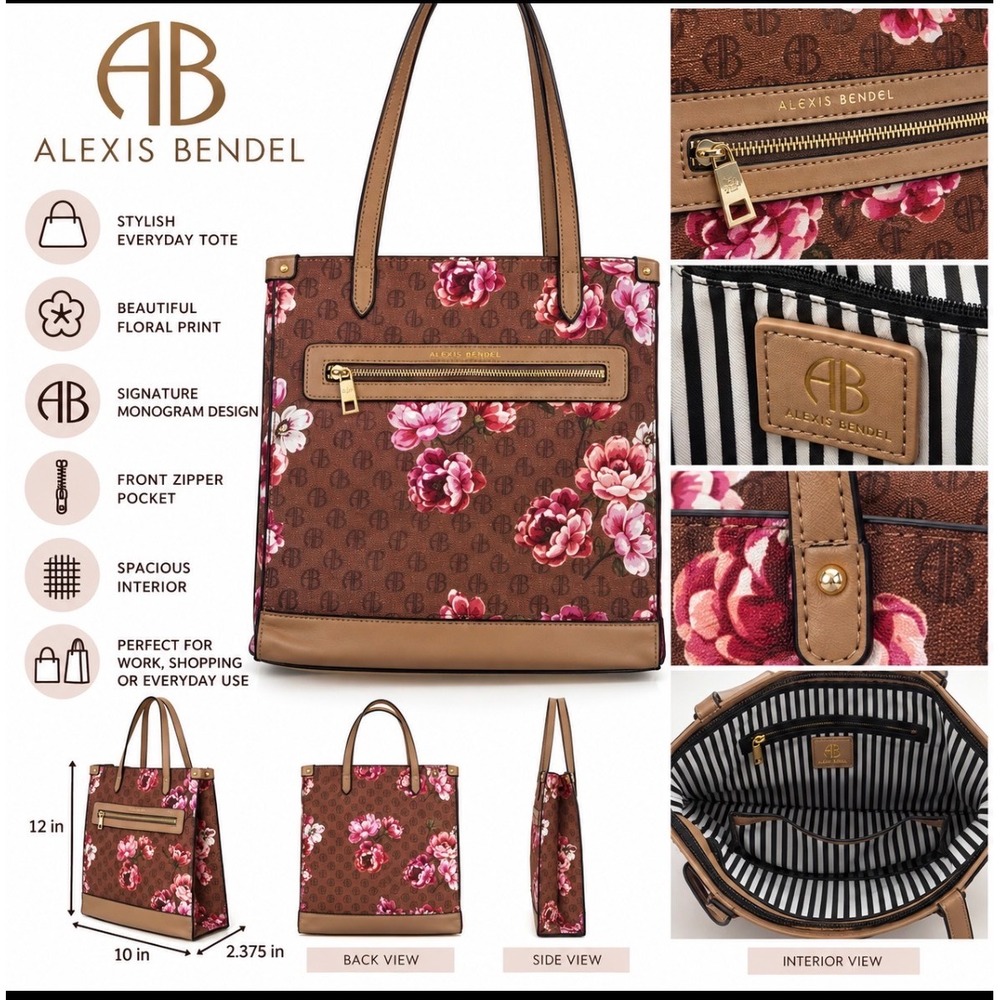 Alexis Bendel Brown Monogram Floral Tote Bag Pink Flowers Tan Trim Shoulder Bag